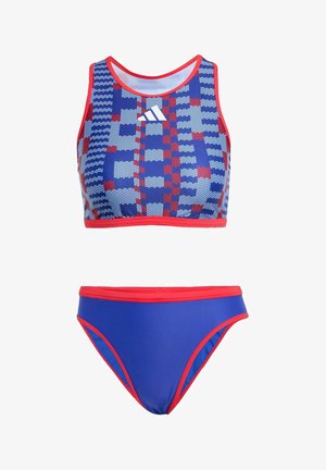 Blauwe en rode gebloemde bikini-set met een crop top met een ronde halslijn en bijpassende low-rise bottoms. Gemaakt van gladde, rekbare stof.