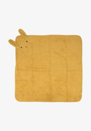 Toalla con capucha de conejito amarillo con textura suave y absorbente, que presenta dos orejas y un diseño facial minimalista. Forma cuadrada con esquinas redondeadas.