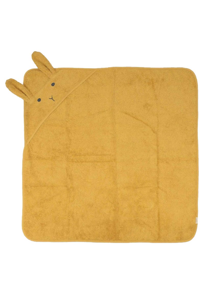 Yellow bunny hooded towel with soft, absorbent texture, featuring two ears and a minimalist facial design. Square shape with rounded corners.