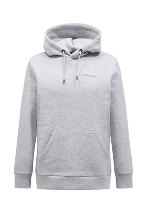 Grijze katoen hoodie met een voorste kangoeroe zak, verstelbare trekkoordkap, en ribgebreide manchetten. Beschikt over een klein logo op de borst.