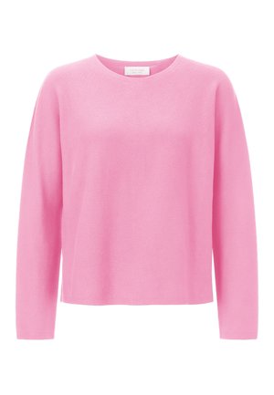Rosa langärmliger Pullover aus weichem Material, mit rundem Ausschnitt und lockerer Passform, mit gerippter Textur am Saum und den Bündchen.