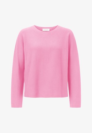 Rosa langärmliger Pullover aus weichem Material, mit rundem Ausschnitt und lockerer Passform, mit gerippter Textur am Saum und den Bündchen.