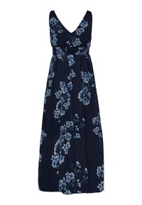 Robe maxi sans manches bleu marine avec col en V et motif floral bleu et blanc, taille cintrée et jupe fluide.