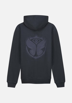 Dark navy hoodie featuring a large, tonal emblem with abstract wings and an eye design. Made from a soft fabric with ribbed cuffs and hem.