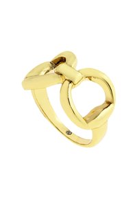 Gouden ring met een verweven knoopontwerp. Glad, glanzende afwerking met een ronde band en open ruimtes die een moderne uitstraling creëren.