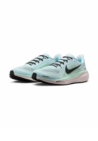 Light blue running shoes featuring a mesh upper, black laces, and a prominent black swoosh. Sole includes AIR Zoom technology for cushioning.