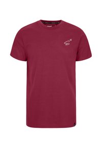 T-shirt in cotone bordeaux, maniche corte, collo rotondo, caratterizzato da un piccolo logo bianco sul lato sinistro del petto e una trama sottile.