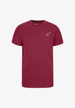 Burgunder Baumwoll-T-Shirt, kurzärmelig, Rundhalsausschnitt, mit einem kleinen weißen Logo auf der linken Brust und einer subtilen Textur.