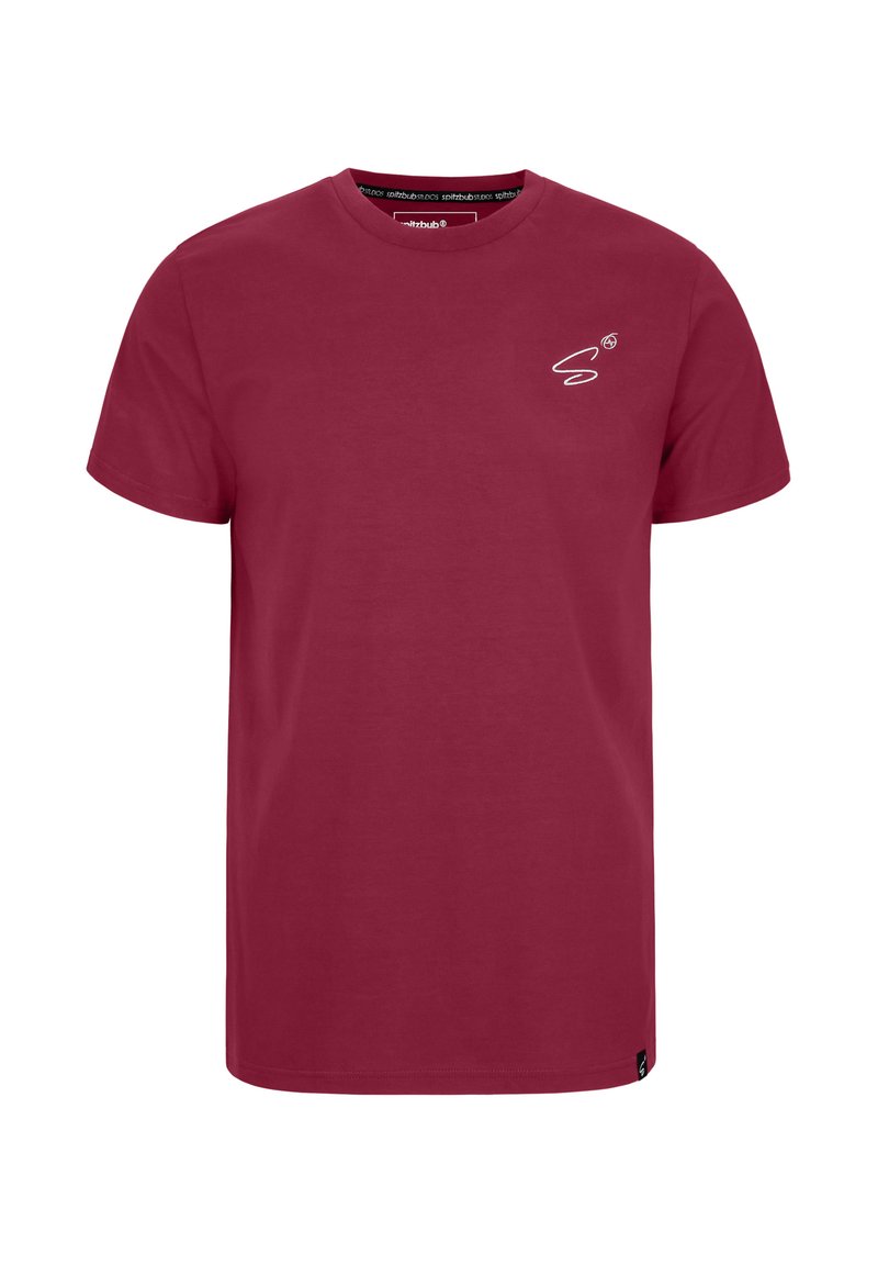 T-shirt in cotone bordeaux, maniche corte, collo rotondo, caratterizzato da un piccolo logo bianco sul lato sinistro del petto e una trama sottile.