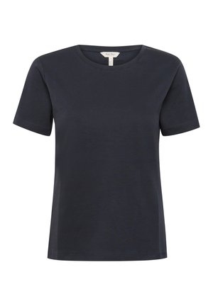 Temno modra kratka majica s kratkimi rokavi, okroglim izrezom, izdelana iz gladkega bombažnega materiala z ohlapnim krojem. Preprost dizajn brez vzorcev ali dodatkov.