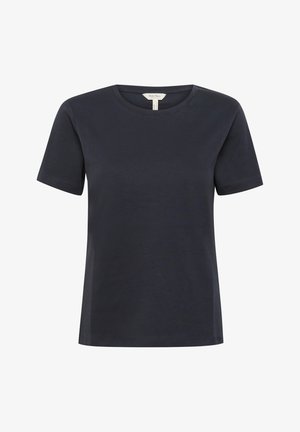 Tmavě námořnické tričko s krátkým rukávem a kulatým výstřihem, vyrobené z hladké bavlny s uvolněným střihem. Jednoduchý design bez vzorů nebo akcentů.