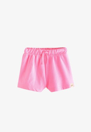 Fleece in rosa Shorts mit einem elastischen Bund und Kordelzug. Besitzt ein kleines Etikett mit einem Regenbogen-Symbol an der Seite.
