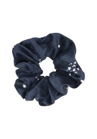 Scrunchie in velluto blu navy con motivo a stelle. Texture morbida con un design arricciato, adatto per tenere i capelli.