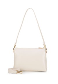 Borsa a tracolla bianca in pelle con finitura liscia, chiusura a zip e dettagli in oro. Include una tracolla removibile e un design minimalista.