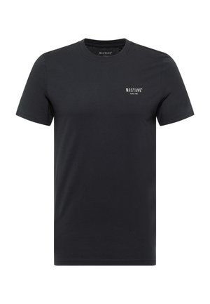 Black cotton t-shirt with short sleeves, round neckline, and white "MUSTANG®" logo on the left chest. Smooth texture and classic fit.