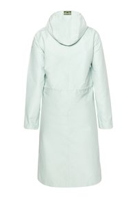 Light mint green long coat with a hood, buttoned cuffs, and cinched waist. Smooth, water-resistant fabric and a minimalistic design.