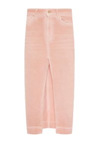 Jupe midi en velours côtelé rose avec une fente avant, cinq poches et un fermoir à bouton. Texture douce, forme droite et coutures nettes.