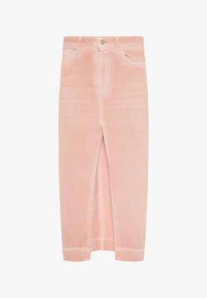 Jupe midi en velours côtelé rose avec une fente avant, cinq poches et un fermoir à bouton. Texture douce, forme droite et coutures nettes.