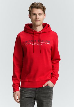 Rood hoodie van een katoenmix, met een voorzak in kangoeroestijl en een logo-opdruk in marineblauw. Ribgebreide manchetten en een ribgebreide zoom zijn aanwezig.