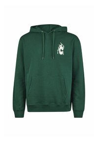 Green hoodie made of cotton blend, featuring a kangaroo pocket, drawstring hood, and a white graphic on the chest.
