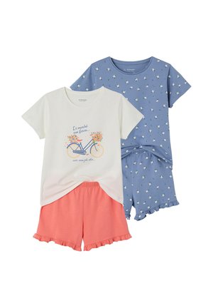 Two sets of children's short-sleeve summer pajamas: one white top with bike and flowers print, paired with coral shorts; one blue floral top and shorts.