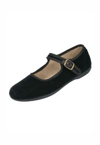 Zapato Mary Jane de terciopelo negro con punta redonda, suela plana de goma y correa ajustable con hebilla dorada. Forro interior suave.