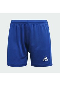 Plave sportske kratke hlače izrađene od glatkog, laganog materijala. Imaju elastični pojas, bijele akcentne detalje i Adidas logo na donjoj desnoj strani.