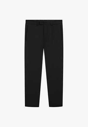 Sorte bukser lavet af glat stof, der har en lige pasform, bæltestropper og sidelommer, med et rent design uden synlige mønstre.