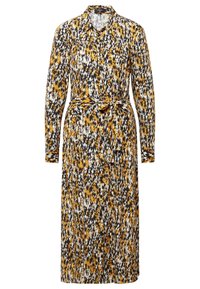 Robe à manches longues boutonnée avec col, motif abstrait multicolore en jaune, noir et blanc, avec une ceinture en tissu assortie à la taille.