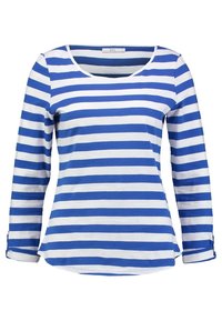 Langärmliges Oberteil mit rundem Halsausschnitt, das abwechselnd blaue und weiße Streifen aufweist. Hergestellt aus weichem Stoff mit umgeschlagenen Bündchen und einer leichten Taillierung am Saum.