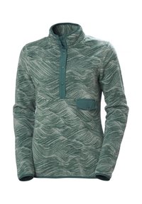 Groene fleece pullover met een hoog kraag, sluiting met knopen aan de voorkant en een borstzak. Textuurontwerp lijkt op golven.
