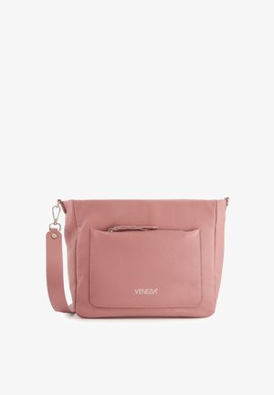 Rosa læder crossbody taske med tekstureret overflade, aftagelig rem og frontlomme med lynlås. Har "VENEZIA" logo i hvid.