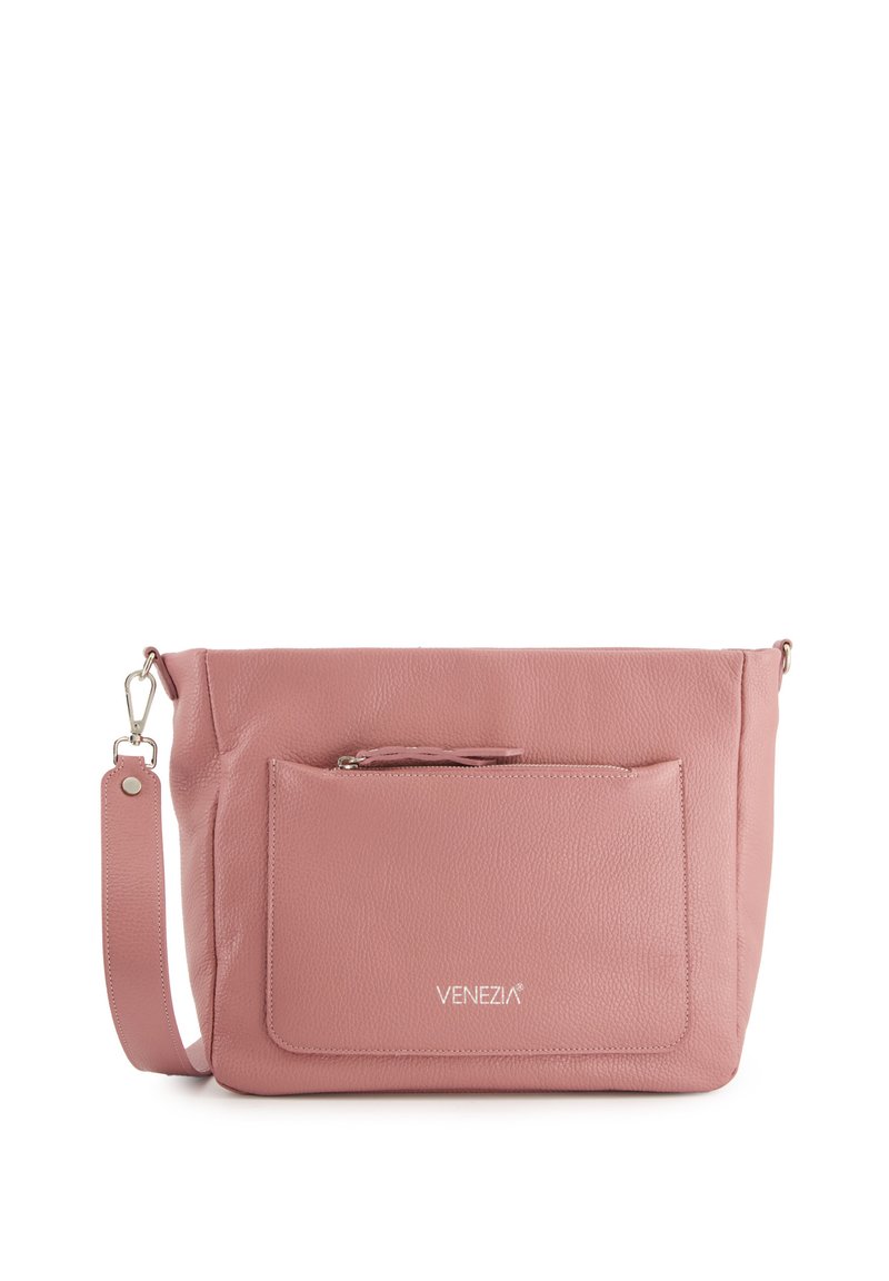 Rosa Leder-Umhängetasche mit strukturiertem Äußeren, abnehmbarem Tragegurt und vordertasche mit Reißverschluss. Mit dem weißen "VENEZIA"-Logo.