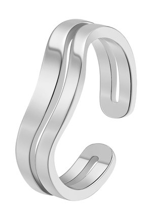 Shiny silver open cuff bracelet with a curved double-band design and smooth polished surface.