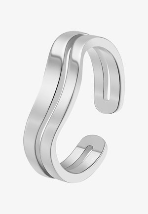 Glänzendes silbernes offenes Manschettenarmband mit einem geschwungenen Doppelband-Design und glatter polierter Oberfläche.
