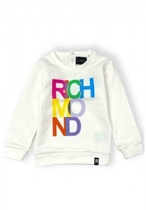Sweat-shirt blanc à manches longues pour tout-petit avec les lettres multicolores "RICHMOND" imprimées verticalement et horizontalement sur le devant.