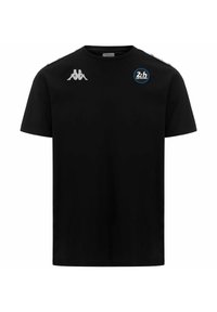 Zwart katoenen T-shirt met een ronde hals, korte mouwen, het Kappa-logo in wit op de linkerborst en een ronde blauwe "24h Le Mans"-badge.