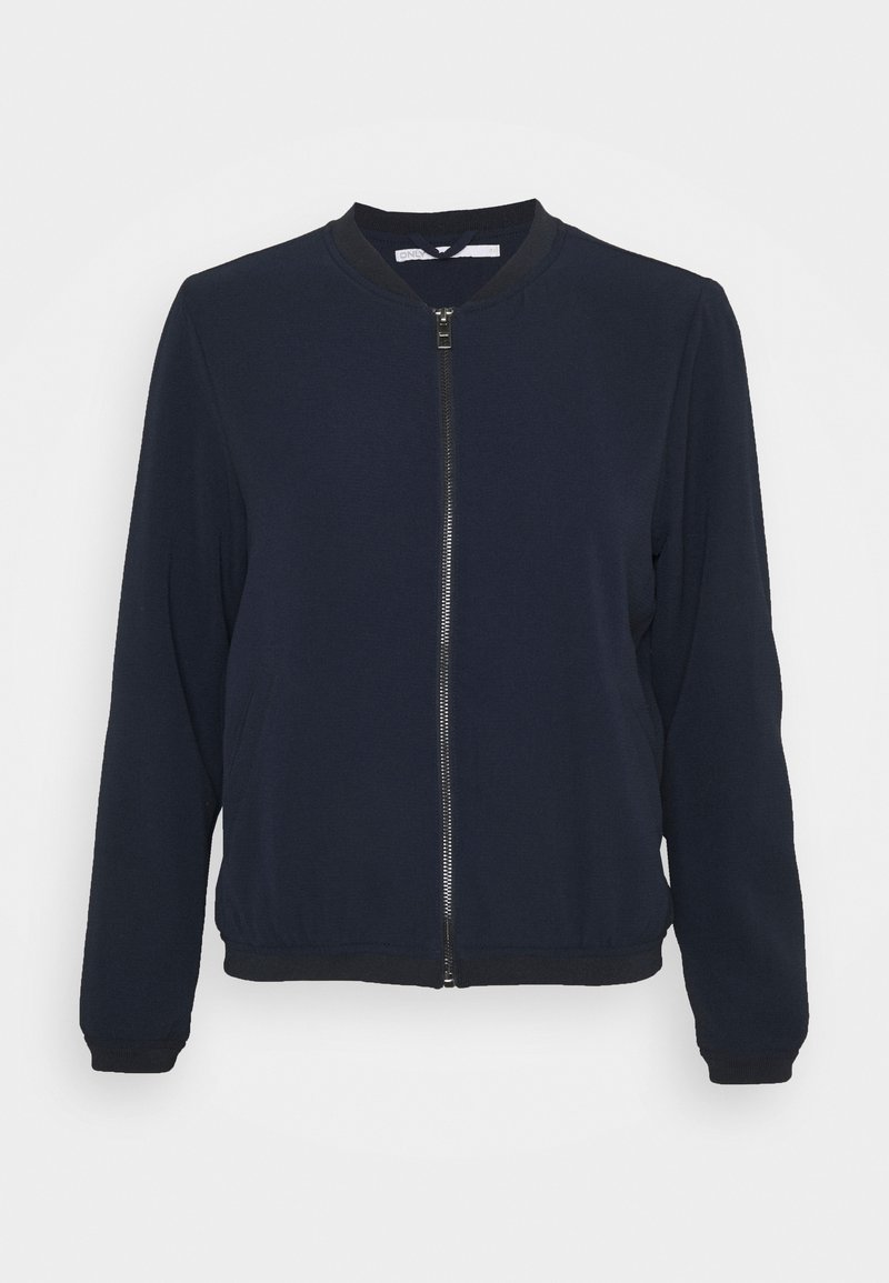 Blouson bomber bleu marine zippé, manches longues avec poignets, col et bas côtelés, présenté sur fond blanc.