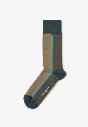 Knielange sokken in olijfgroen en bruin met een turkooizen accentstreep; geribbelde boord; gladde textuur; label aan de zool.
