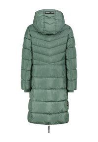 Lange pufferjack in gedempt groen, met een capuchon, chevron gestikt patroon, elastische manchetten en een trekkoord aan de zoom.