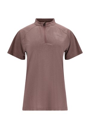Kortærmet top med lynlås i struktureret mauve stof. Har raglanærmer og en diskret logodetalje på den øverste front.