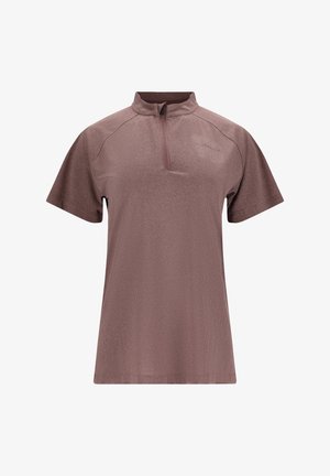 Kurzarm-Oberteil mit Reißverschlusskragen aus strukturiertem Mauve-Stoff. Verfügt über Raglanärmel und ein dezentes Logo-Detail auf der oberen Vorderseite.