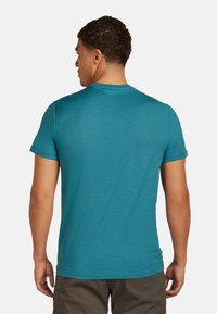 Muž viděný zezadu, oblečený v jednobarevném tyrkysovém tričku s krátkým rukávem a tmavých šortkách, stojící na bílém pozadí.