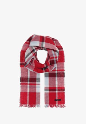 Rot-graues kariertes Tuch mit Fransen, aus weichem Stoff, mit einem geschlungenen Design und einem kleinen schwarzen Logoetikett.