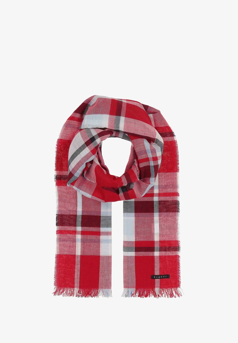 Sciarpa a quadri rossa e grigia con bordi frangiati, realizzata in tessuto morbido, presenta un design a spirale e una piccola etichetta nera con logo.