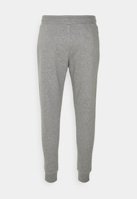 Hellegraue Baumwollmischung-Jogginghose mit elastischem Bund und gerippten Säumen, von vorne auf weißem Hintergrund dargestellt.