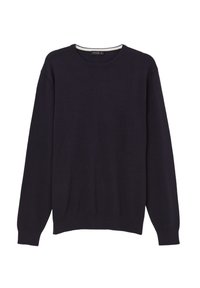 Dunkelblauer Strickpullover mit Rundhalsausschnitt, langen Ärmeln und gerippten Bündchen und Saum, aus weichem, leichtem Stoff.