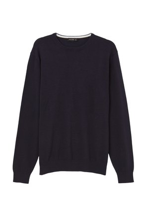 Dunkelblauer Strickpullover mit Rundhalsausschnitt, langen Ärmeln und gerippten Bündchen und Saum, aus weichem, leichtem Stoff.