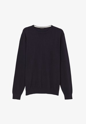 Dunkelblauer Strickpullover mit Rundhalsausschnitt, langen Ärmeln und gerippten Bündchen und Saum, aus weichem, leichtem Stoff.