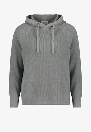 Hoodie gris à manches longues en maille, avec cordons de serrage et poignets côtelés, présentant un motif tissé texturé.